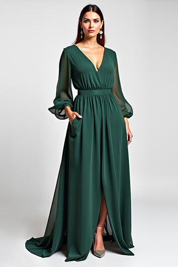 Dark Green Long Sleeve V-Neck Formal Dress With Slit